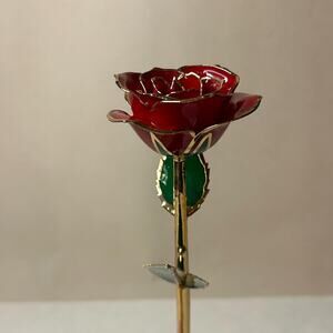 Vintage 24K Gold Trimmed Red Lacquer Preserved Real Rose Long Stem 11"